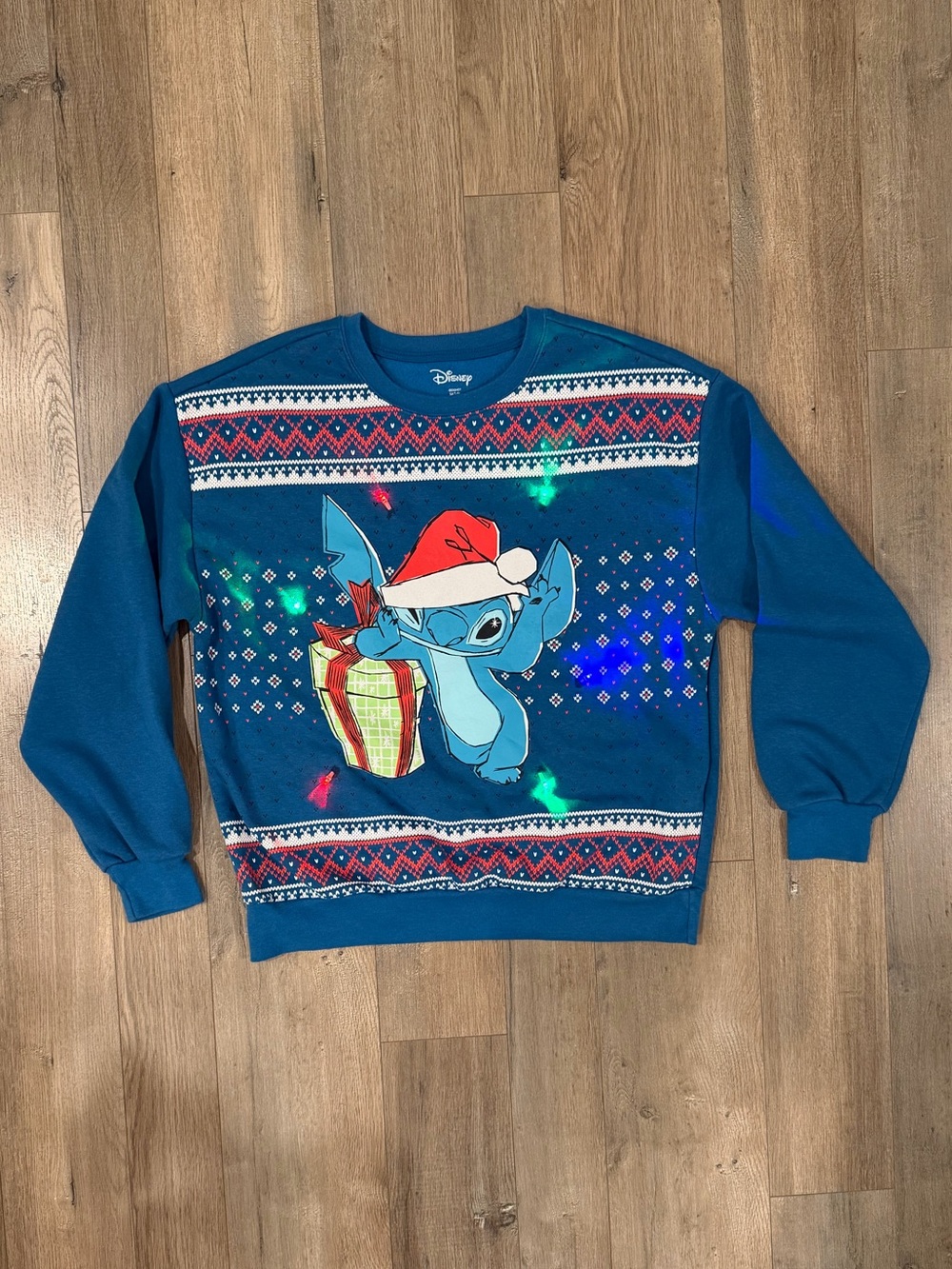 Disney Blue Stitch Crewneck Holiday Sweater with Santa Hat